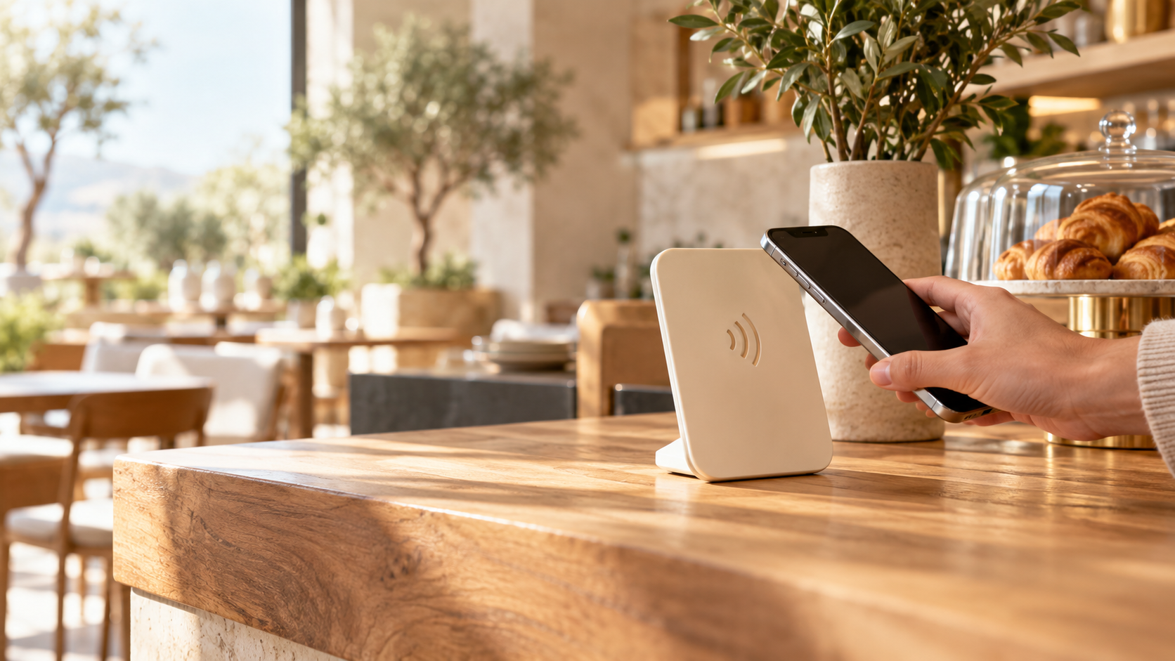 Soporte NFC de sobremesa en una cafetería