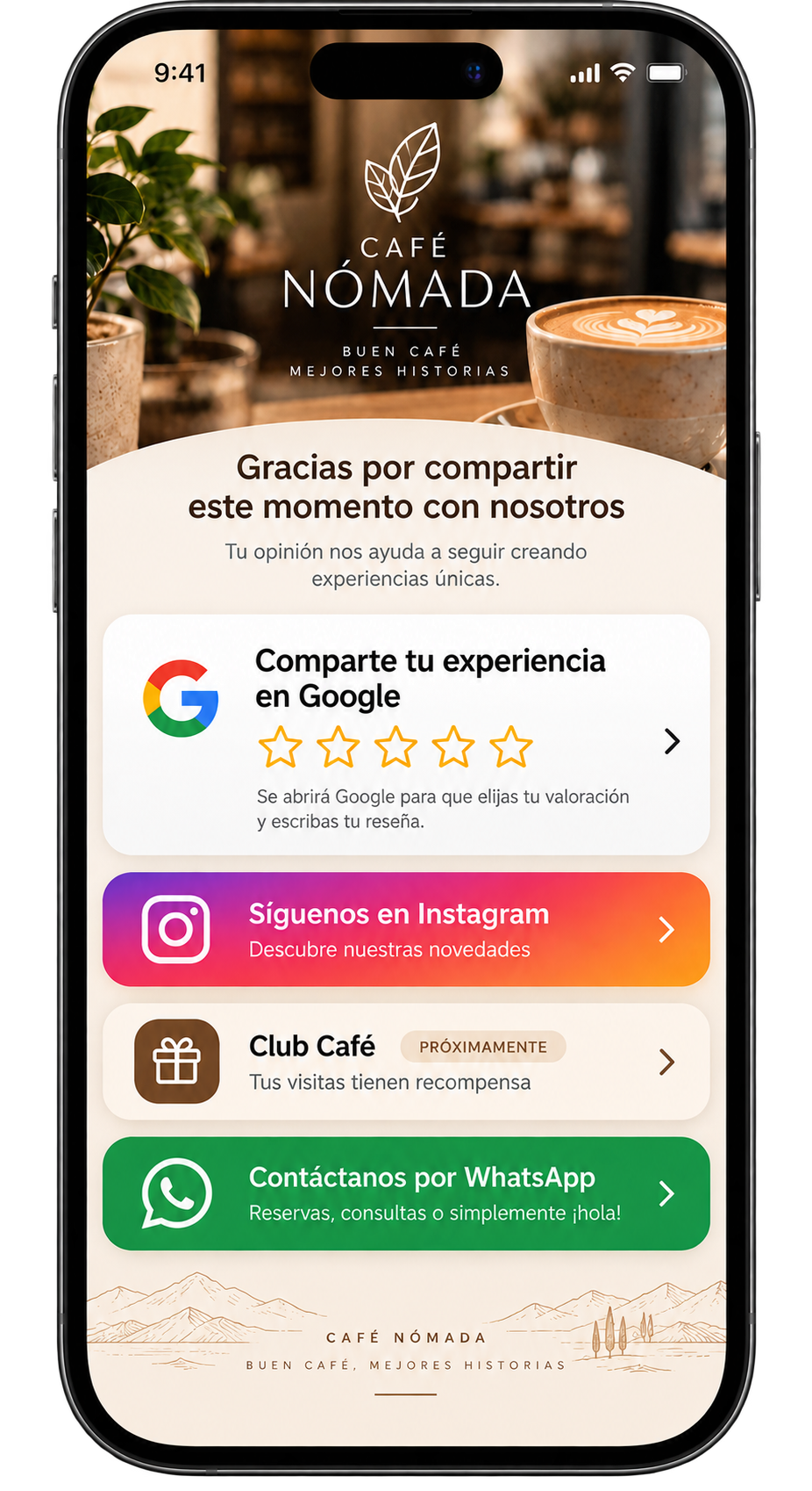 Ejemplo de la experiencia Café Nómada mostrada en un teléfono